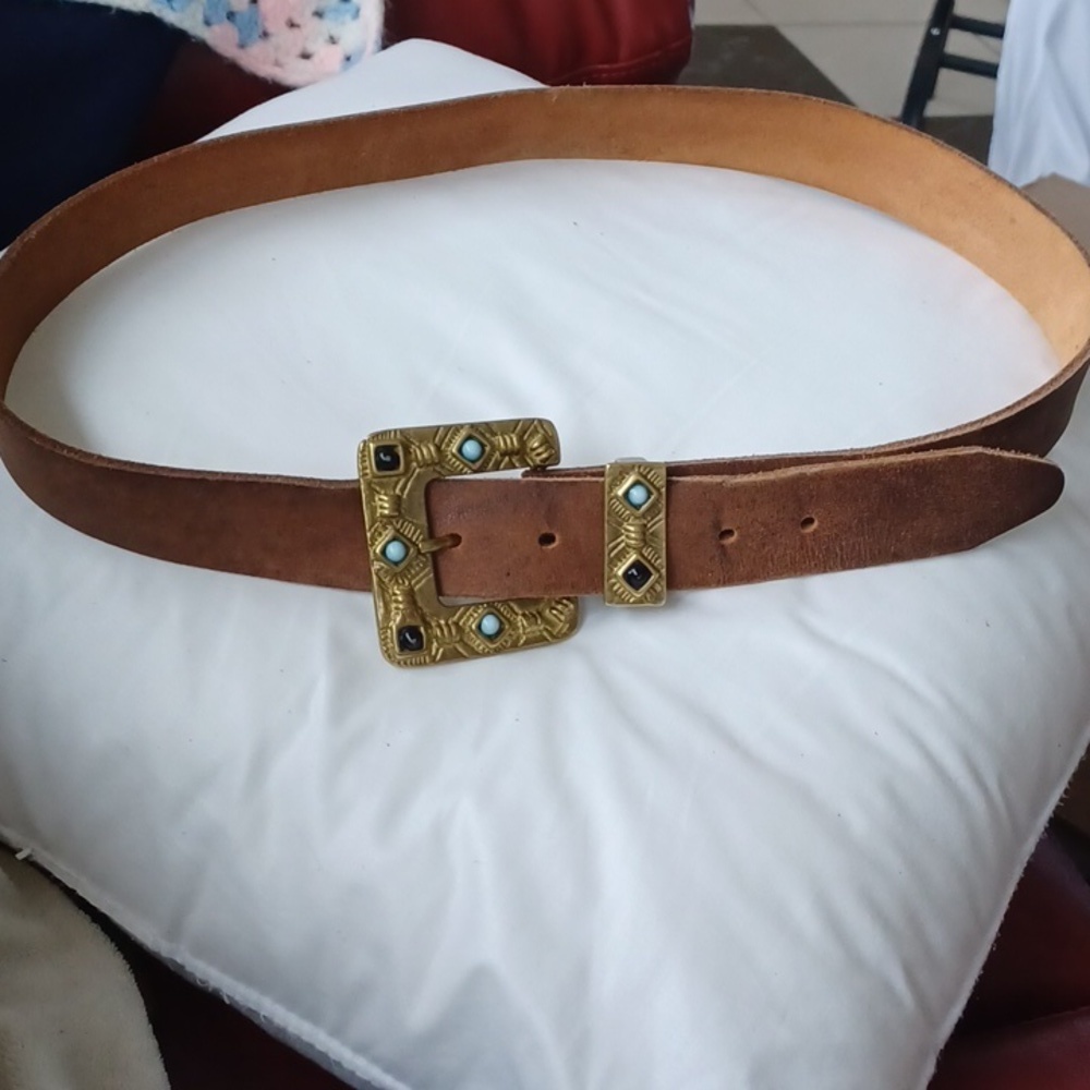 VTG Western Leather Brass Buckle D-Ring Belt, 32-36"